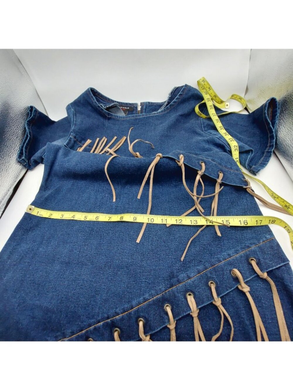 Starwear Jeans Denim Dress Size Medium Fringe Leather Accents Vintage READ - Picture 5 of 8